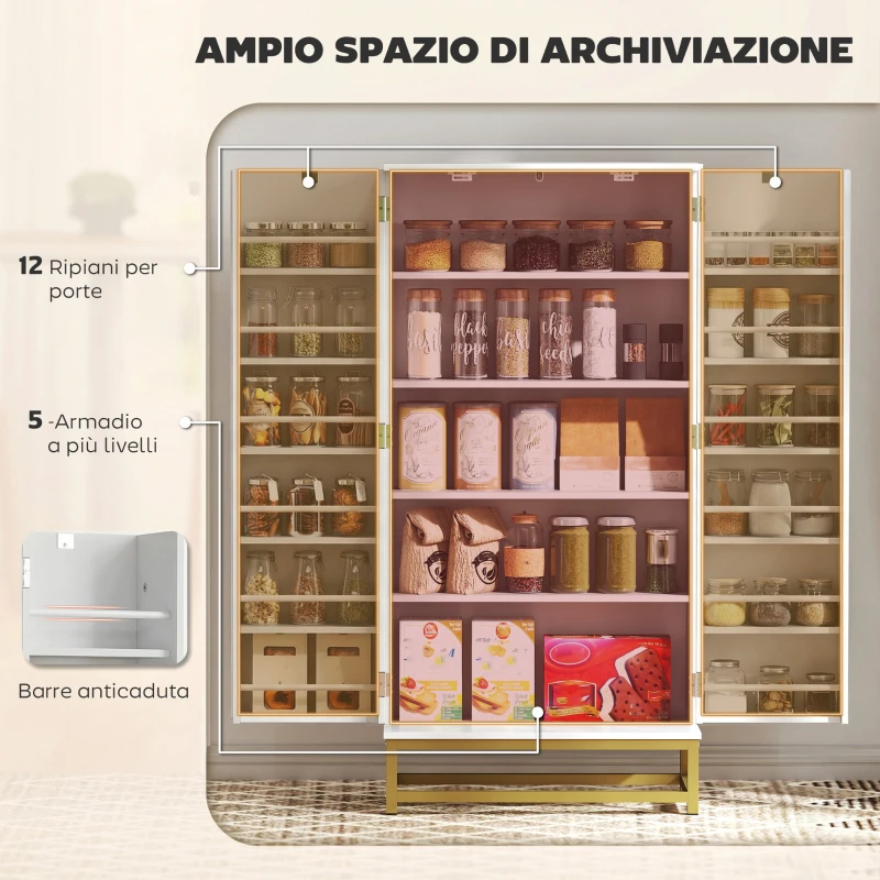 HOMCOM Credenza Cucina 119,5 cm, Moderna Dispensa Autoportante con 12 Ripiani su Ante, Ripiani Regolabili e Pannelli con Finitura in Legno, Bianca