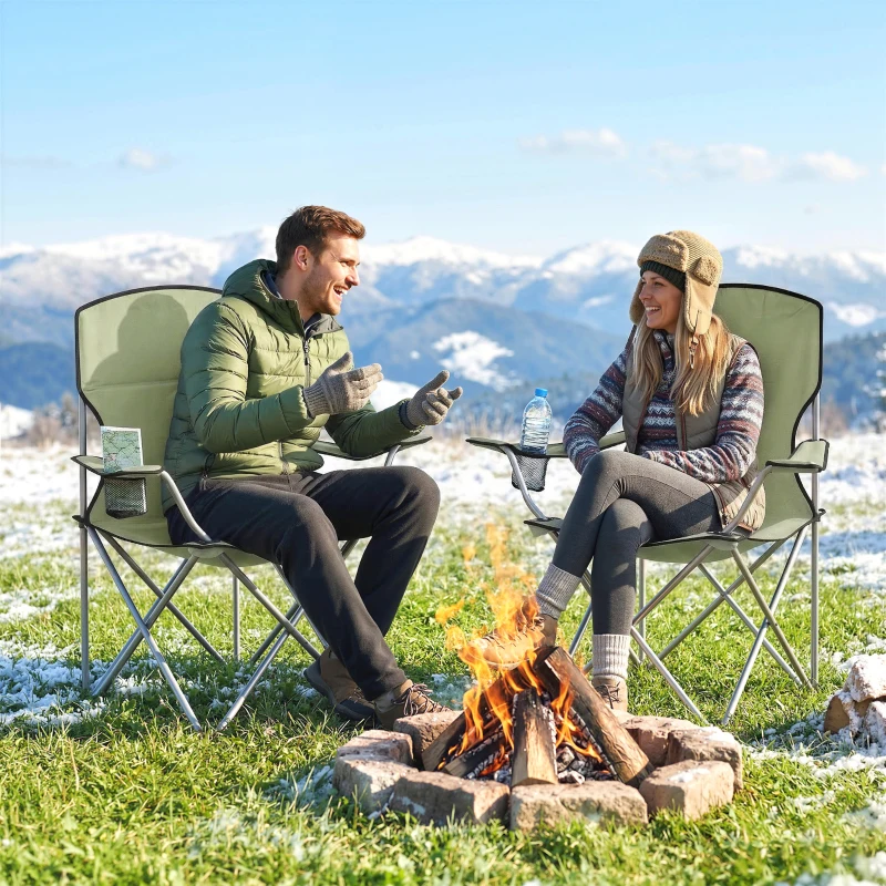 Outsunny Camping Chair Set of 2 Portable Folding Outdoor Camp Chair with Cup Holders and Carry Bag Green