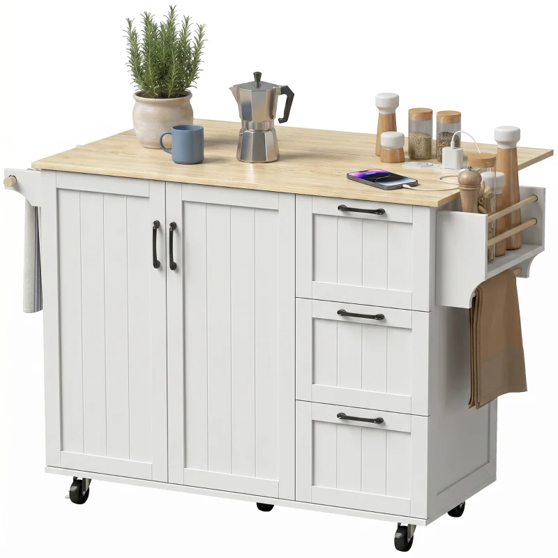 HOMCOM Isla de Cocina con Encimera Extensible Estación de Carga Ruedas 2 Puertas 3 Cajones Especiero y Toallero Blanco