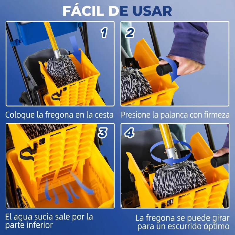 HOMCOM Cubo de Fregona 26 L con Ruedas Sistema de Escurridor Asa de Transporte y Doble Cubetas 78x45x95 cm Multicolor
