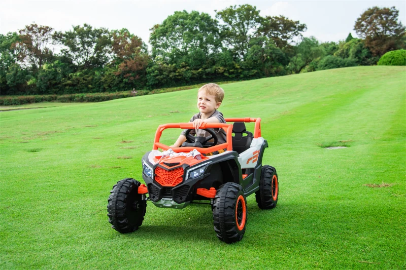 12V Elektro-Kinderfahrzeug 2‑Sitzer, Front-/Heck-Stoßdämpfung und Schaukel-Funktion, 111x70x63 cm, Weiß+Hellorange