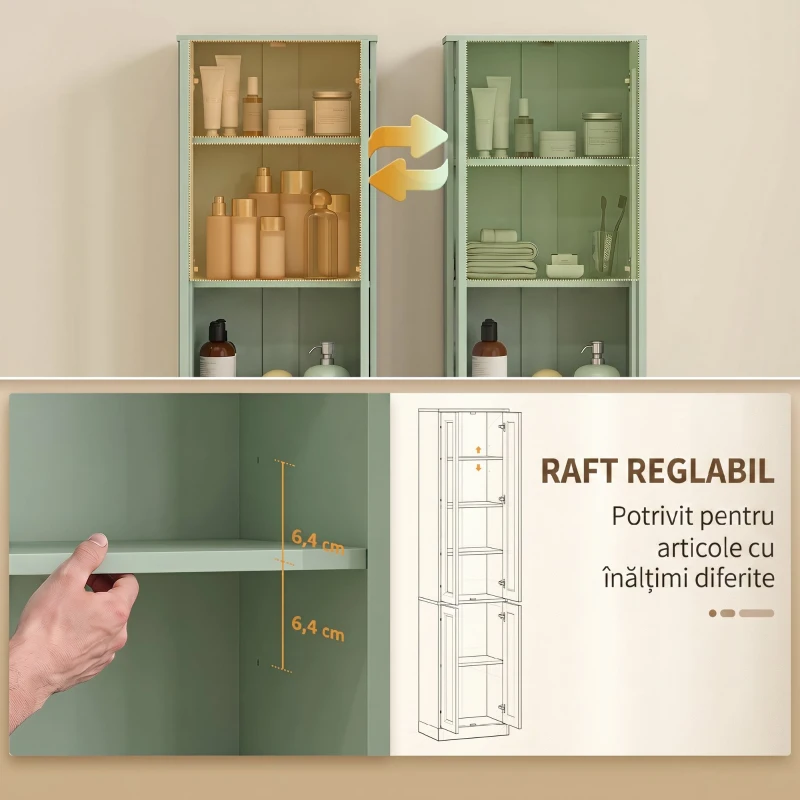 HOMCOM Dulap de Baie Înalt cu 6 Rafturi și Raft Reglabil, Verde Salvie