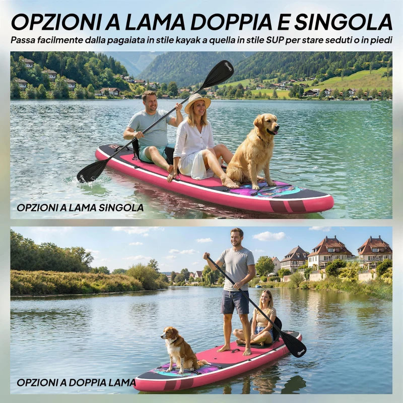 Outsunny Sup Gonfiabile con Sedile, Pagaia e Accessori, in Plastica ed EVA, 335x82x15 cm, Blu e Rosa