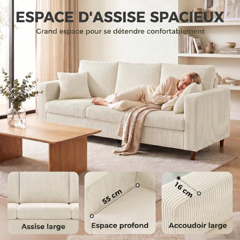 HOMCOM Canapé 3 Places en Velours Côtelé, Canapé de Salon Moderne 225 cm, Assise Large, Coussin à Ressorts, Crème