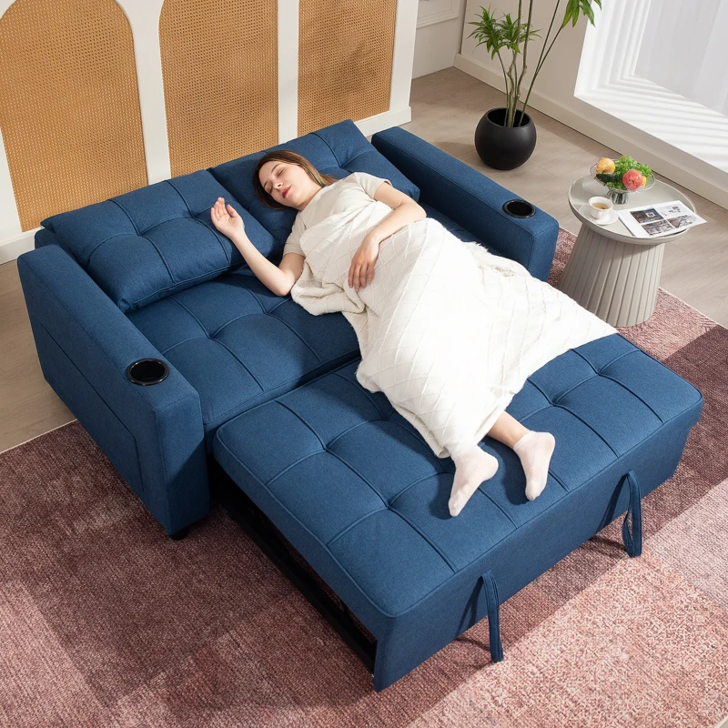 HOMCOM Two-Seater Pull-Out Sofa Bed - Dark Blue