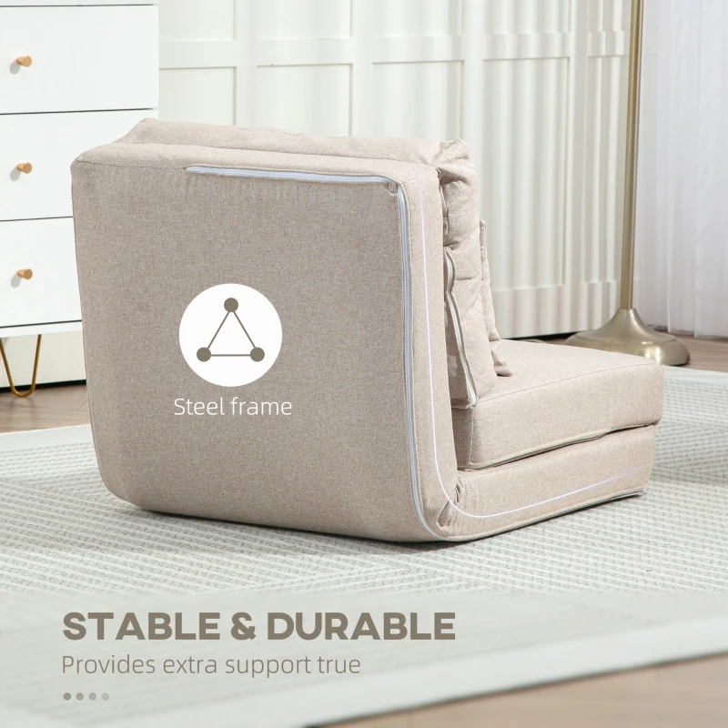 HOMCOM Divano Letto Futon Pieghevole 3 in 1 con 2 Cuscini Lavabile, Reclinabile 5 Posizioni in Lino, Beige