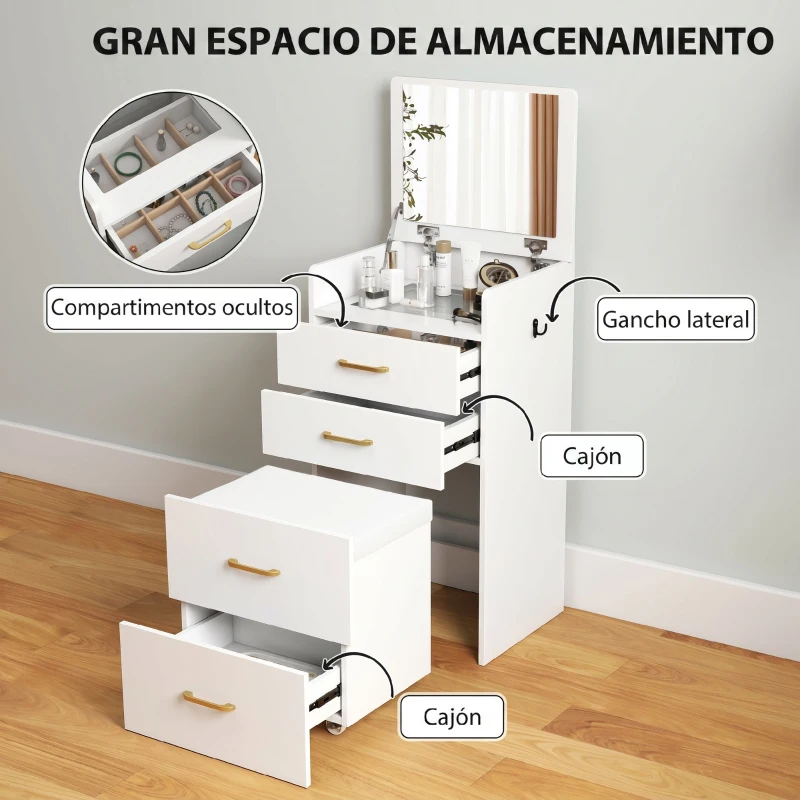 HOMCOM Tocador de Maquillaje con Taburete 3 en 1 con Espejo Cajones y Tablero de Vidrio Visible 48x40x90 cm Blanco