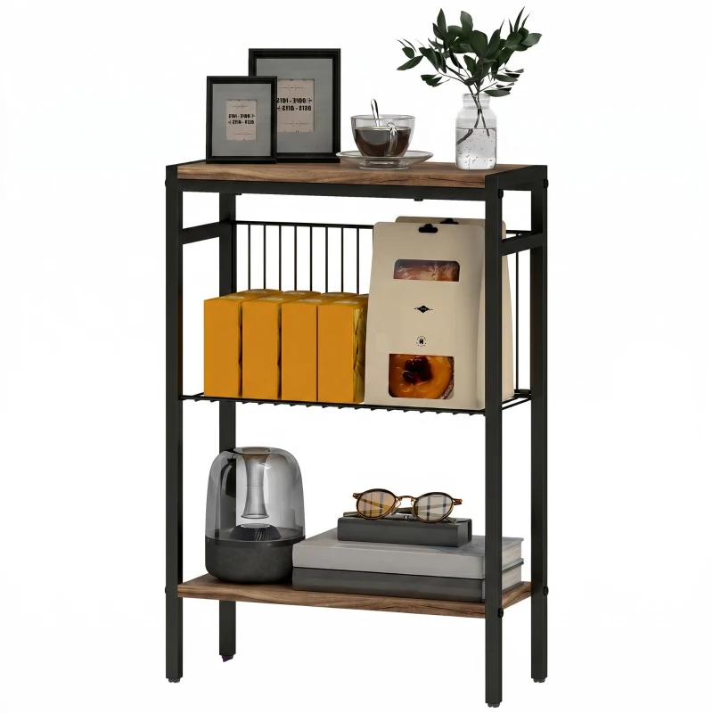 HOMCOM Table d'appoint étroit à 3 niveaux avec étagères de rangement, cadre en acier, pour salon, chambre, 43x18x62,5cm, gris