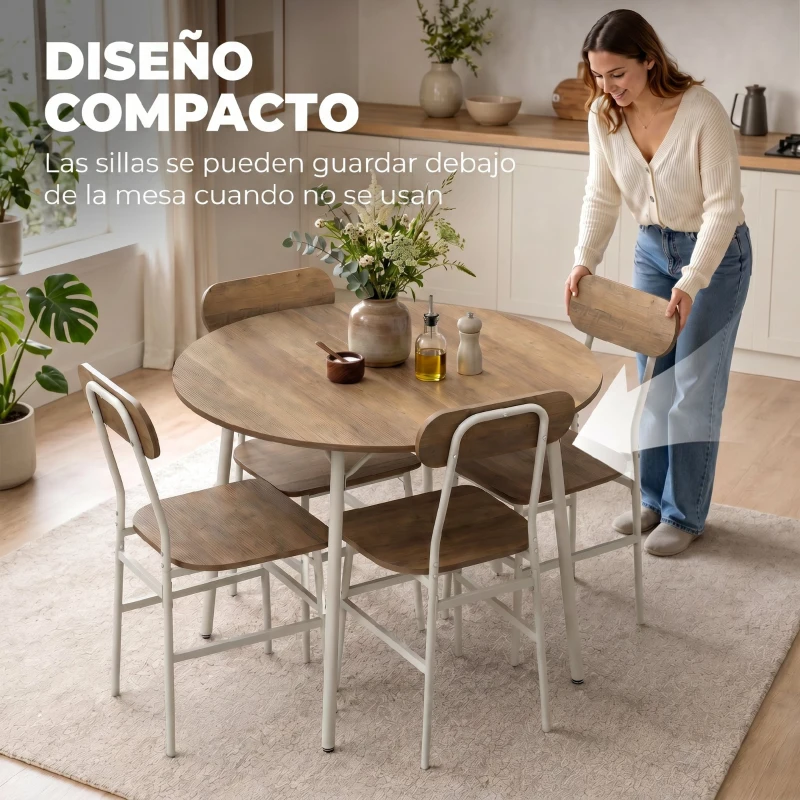 HOMCOM Juego de Mesa y 4 Sillas de Comedor Estilo Industrial Marco Metálico para Espacios Pequeños Salón Natural y Blanco