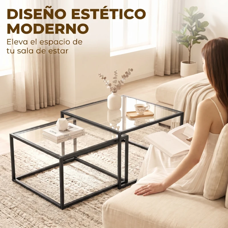 HOMCOM 2 Mesas de Centro Cuadradas Mesas Nido Modernas con Tablero de Vidrio Templado y Estructura Metálica 75x75x42 cm Negro