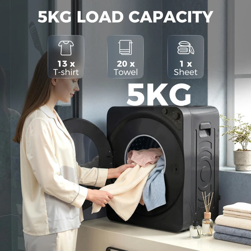 HOMCOM 5kg Vented Tumble Dryer, 1000W Compact Tumble Dryer with 5 Drying Modes, Stainless Steel Tub, Black