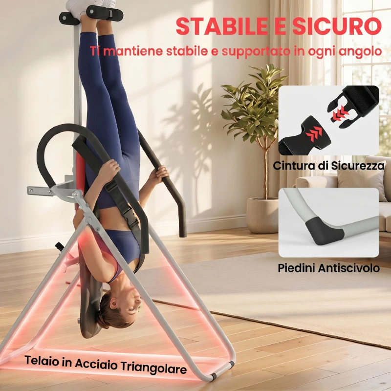 SPORTNOW Panca ad Inversione Pieghevole e Regolabile con Cintura di Sicurezza, in Acciaio,122x59x130 cm, Rosso e Nero