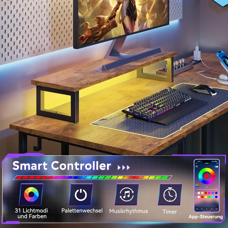 2-in-1 Gaming-Eckschreibtisch, hochwertiger Tischplatte, flexibel als L‑Form oder I‑Form aufbaubar, 152x50x87.5 cm, Braun