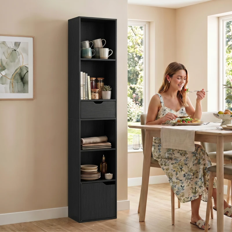 HOMCOM Estantería de 6 Compartimentos con Cajón y Armario de Almacenamiento Ajustable Independiente 30x24x158 cm Negro