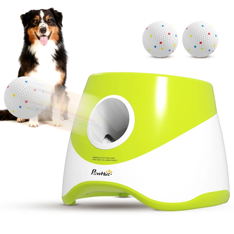 PawHut Lanceur de Balles Automatique avec 3 Balles en ETPU, 3 Réglages de Distance 6m/10m/14m, Intérieur et Extérieur, Vert
