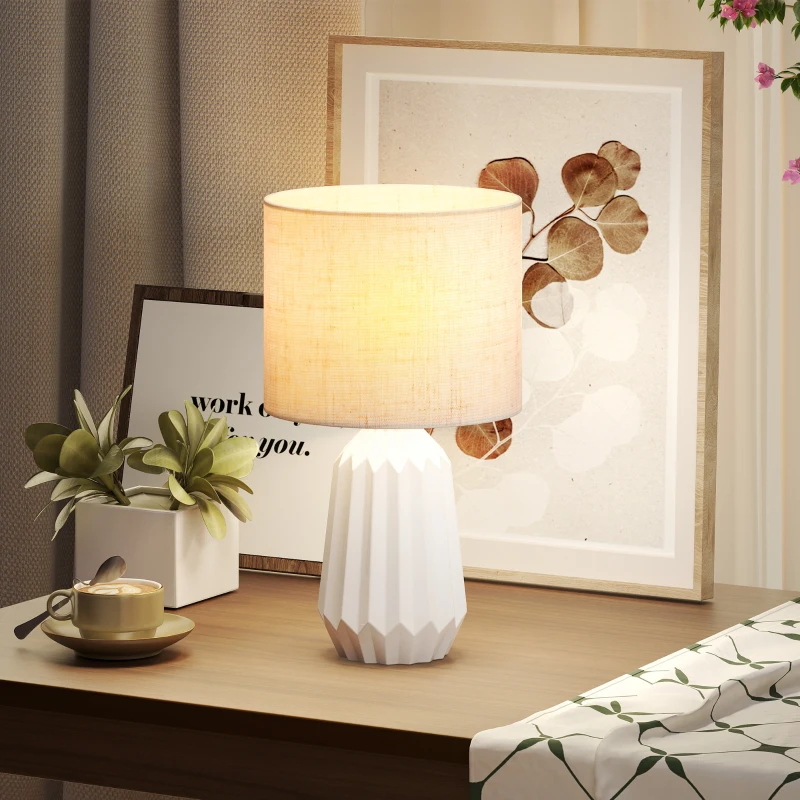 HOMCOM Lampe de Table avec Base en Céramique et Abat-Jour en Lin, Lampe de Chevet avec Interrupteur, Culot E27, Blanc et Beige