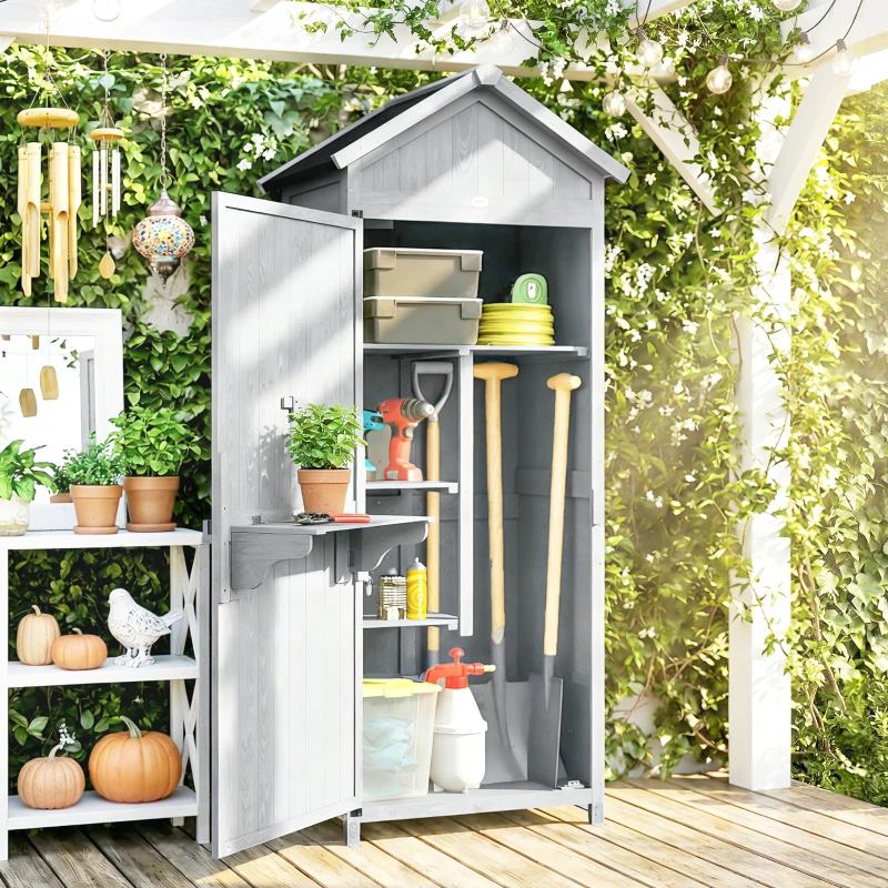 Outsunny Casetta In Legno, 77x52.5x178cm, Armadio con Banco Lavoro Ribaltabile