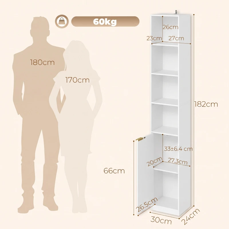 HOMCOM Bookcase Adjustable Shelf Bookshelf Anti-Tip Hardware 6-Tier Storage Cabinet White Wood Effect