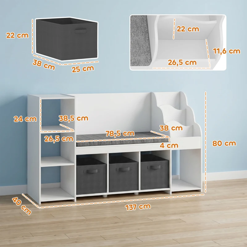 AIYAPLAY Estantería Infantil Juguetes con Rincón de Lectura Cojín 3 Cajones de Tela 3 Estantes 4 Cubículos 137x40x80 cm Blanco