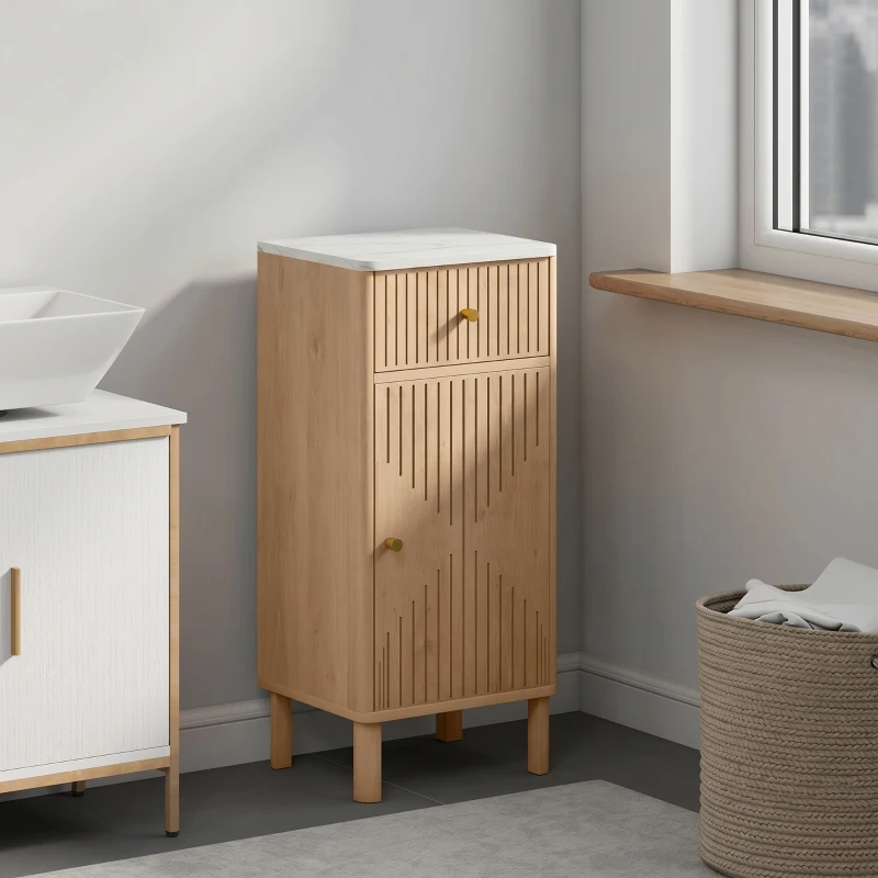 HOMCOM Meuble de salle de bain, meuble de rangement avec plateau effet marbre et porte rainurée, tiroir 36 x 30 x 80 cm, chêne