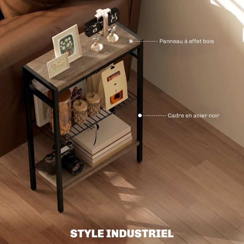 HOMCOM Table d'appoint étroit à 3 niveaux avec étagères de rangement, cadre en acier, pour salon, chambre, 43x18x62,5cm, gris