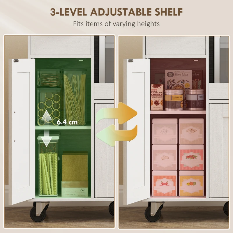 HOMCOM Rolling Kitchen Cart, Microwave Cabinet with Sliding Tray, Drawer, 3-Door Cupboards, Adjustable Shelf, White
