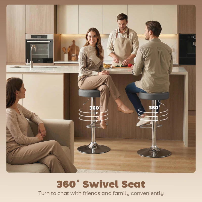 HOMCOM Bar Stools Set of 2, Modern PU Leather Swivel Barstools, Height Adjustable Breakfast Bar Chairs with Footrest, Grey