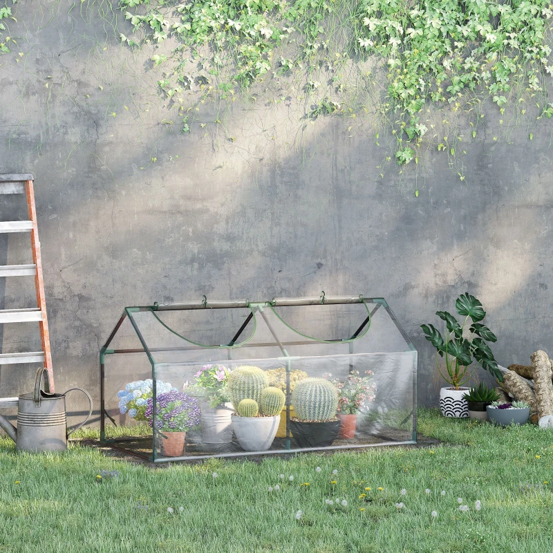 Outsunny Invernadero de Exterior 120x60x60 cm Invernadero de Jardín con 2 Ventanas Enrollables Cubierta de Plástico y Marco de Acero Impermeable Anti-UV para Cultivo de Plantas Verduras Transparente
