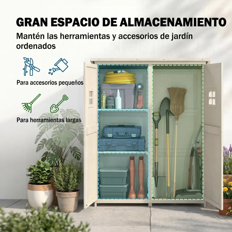 Outsunny Armario de Madera para Exterior para Herramientas de Jardinería con Doble Puerta y Estantes 127,5x50x164 cm Gris