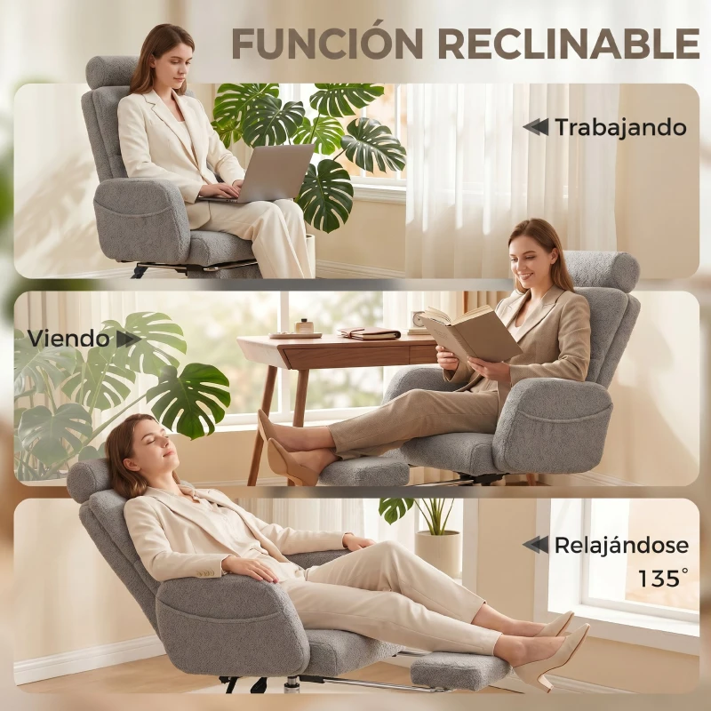 HOMCOM Silla de Escritorio con Reposapiés Tapizada en Borreguito con Respaldo Reclinable Reposacabezas Ajustable Gris Claro