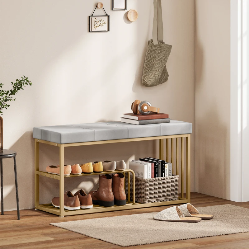 HOMCOM Bench and Shoe Storage, Tufted Shoe Storage Bench with Velvet Seat Cushion Gold Steel Frame for Entryway, Grey