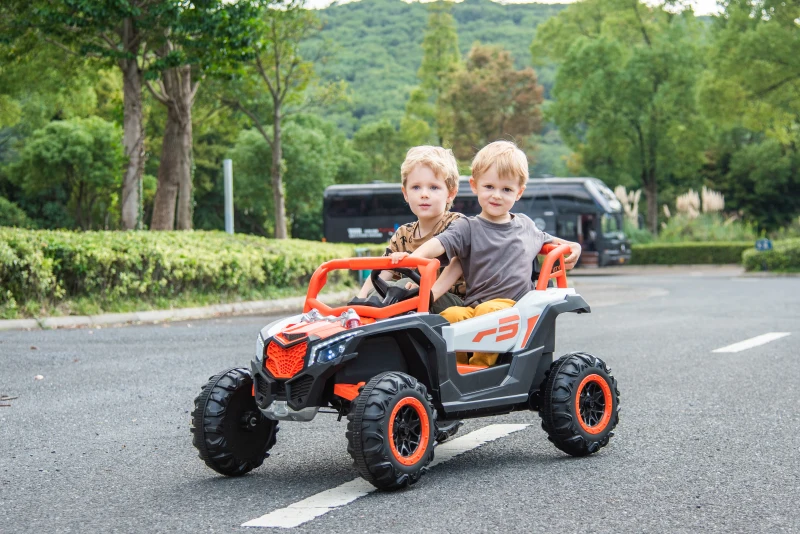 12V Elektro-Kinderfahrzeug 2‑Sitzer, Front-/Heck-Stoßdämpfung und Schaukel-Funktion, 111x70x63 cm, Weiß+Hellorange