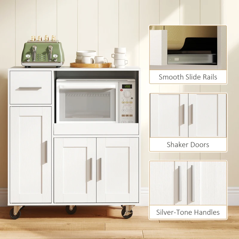 HOMCOM Rolling Kitchen Cart, Microwave Cabinet with Sliding Tray, Drawer, 3-Door Cupboards, Adjustable Shelf, White