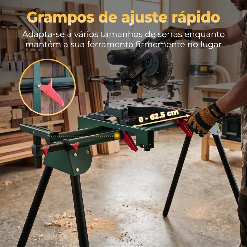 HOMCOM Suporte para Serra de Meia-Esquadria Universal com Rolos Extensíveis 94-195 cm Ajustável e Dobrável Carga 150 kg Verde