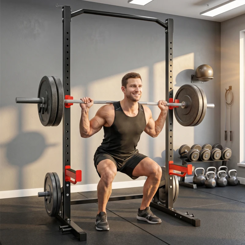 SPORTNOW Power Tower Multifonction Charge 500 kg, Barre de Traction, Rack de Squat, Supports pour Disques, 157x105x205cm, Rouge