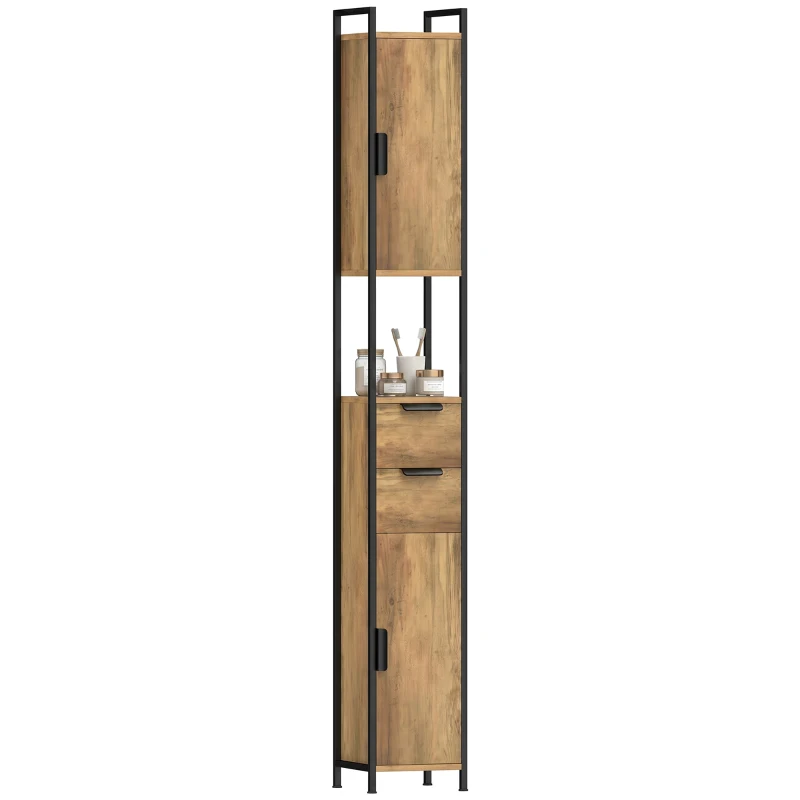 HOMCOM Freestanding Bathroom Cabinet, Tall Bathroom Storage Cabinet with Drawers and Shelves, Linen Storage, Brown
