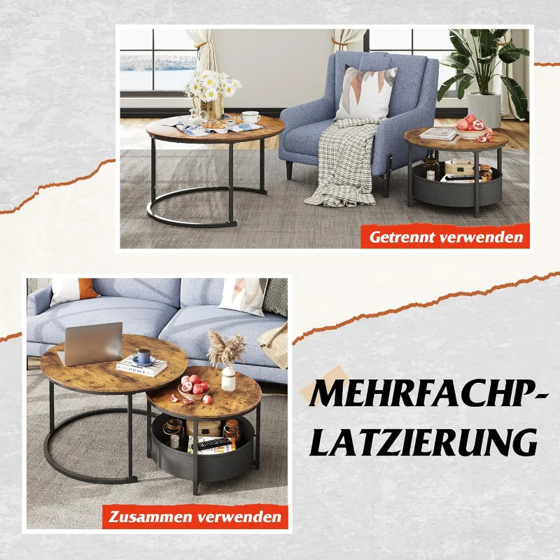 Couchtisch 2er-Set, flexibles 2‑in‑1-Design, modernes Design, 80x80x48.2 cm, Braun