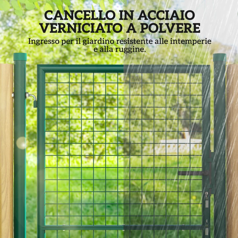 Outsunny Cancello da Giardino in Acciaio 97x200 cm, Cancelletto da Giardino con Serratura, 3 Chiavi, Maniglia e 2 Pali