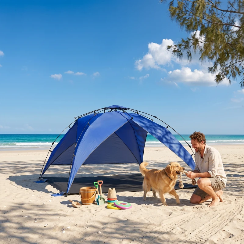 Outsunny Tenda da Spiaggia Pop Up per 4-6 Persone con Protezione UV, Borsa di Trasporto, 247x247x145cm, Blu