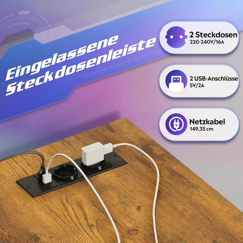 L-förmiger Gaming-Eckschreibtisch, robuste Metall-Holz-Konstruktion, platzsparend, 111x80x87.5 cm, Braun