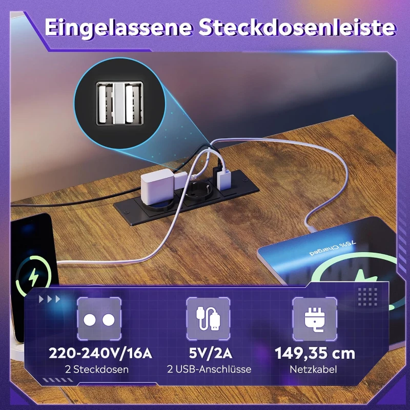 2‑in‑1 Gaming‑Eckschreibtisch, wandelbar zwischen platzsparender L‑Form und langer I‑Form, 140x50x87.5 cm, Braun