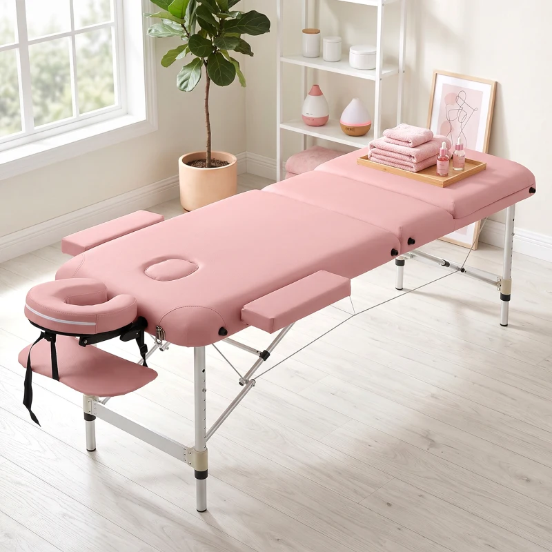 HOMCOM Marquesa de Massagem Dobrável em Alumínio com Altura Ajustável, Apoio de Cabeça e Estrutura Estável, Rosa
