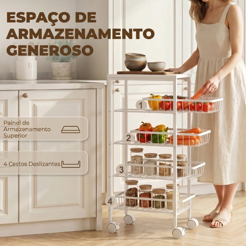 HOMCOM Carrinho Auxiliar com Rodas com 4 Cestos Amovíveis Carga até 15 kg Estrutura Metálica para Sala de Jantar e Casa de Banho 40x24x82 cm Branco