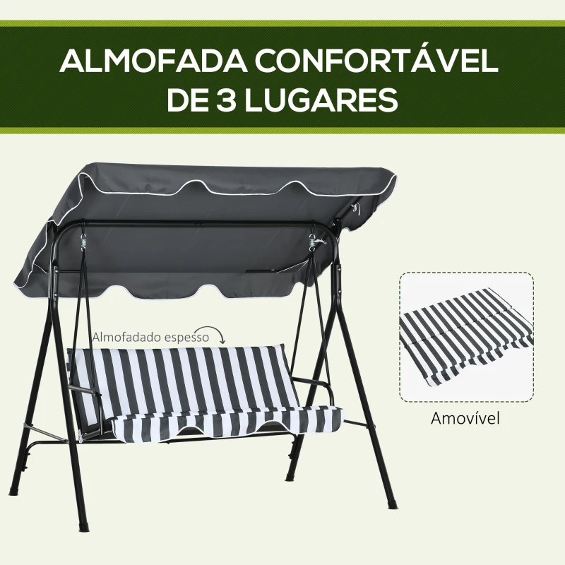 Outsunny Balanço de Jardim Exterior Baloiço de 3 Lugares com Toldo Ajustável e Estrutura de Aço 172x110x153 cm Cinzento e Branco