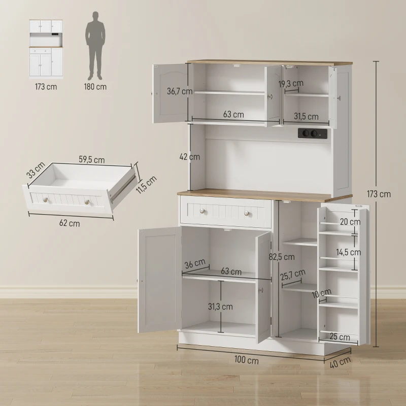 HOMCOM Alacena de Cocina con Estación de Carga 6 Puertas 1 Cajón Estantes Ajustables Encimera Amplio 100x40x173 cm Blanco