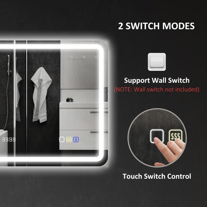 HOMCOM 60 x 80 cm Bluetooth LED Bathroom Mirror with Clock Anti-Fog - Silver Tone