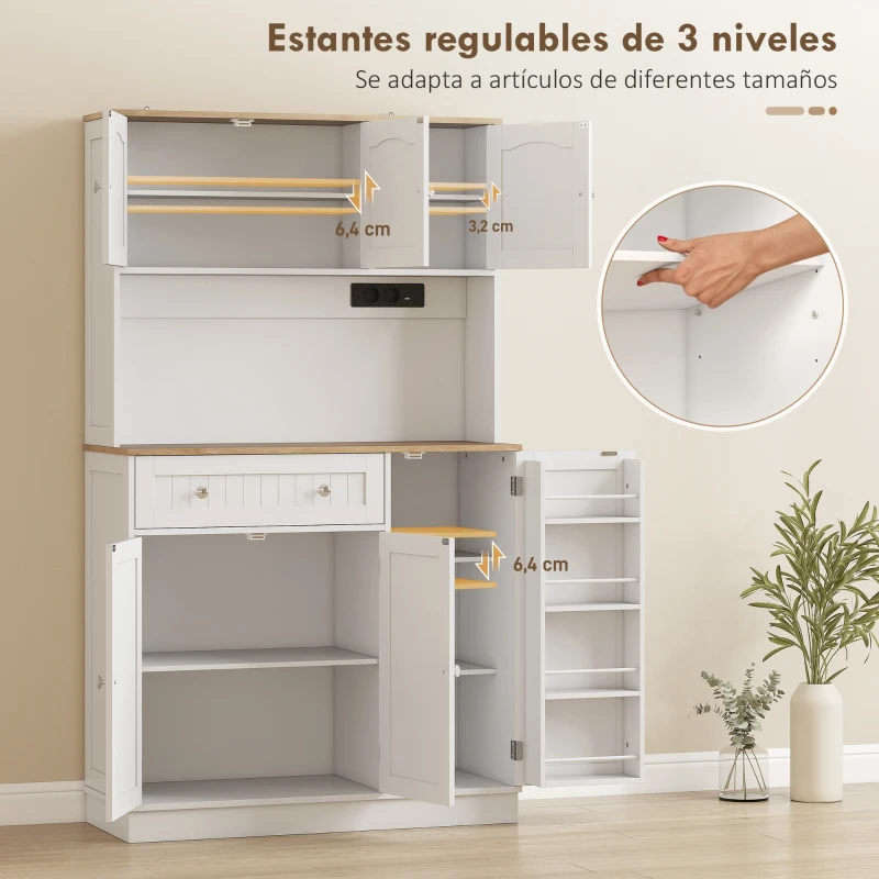 HOMCOM Alacena de Cocina con Estación de Carga 6 Puertas 1 Cajón Estantes Ajustables Encimera Amplio 100x40x173 cm Blanco