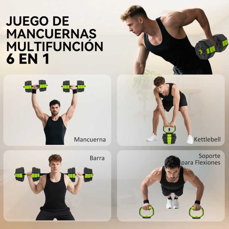 SPORTNOW Juego de Mancuernas Ajustables 25 kg 6 en 1 como Kettlebell Barra Mancuernas Soporte para Flexiones para Gimnasio Casa