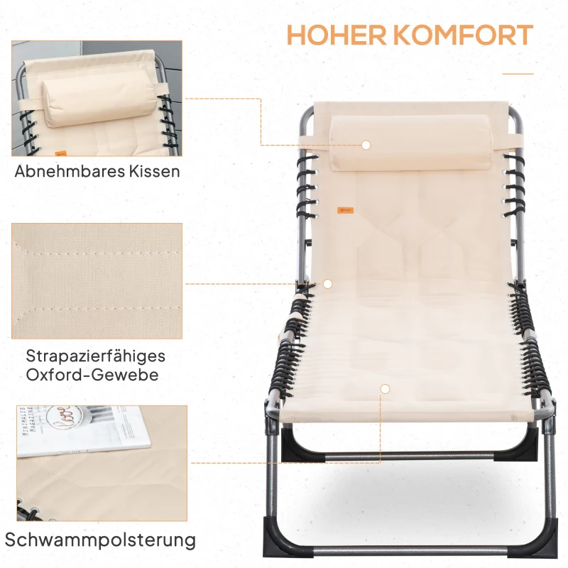 Outsunny Sonnenliege, Faltbare Gartenliege, Klappliege mit Kissen, 5-stufige Rückenlehne, Oxfordstoff, 188 x 57 x 30 cm, Beige