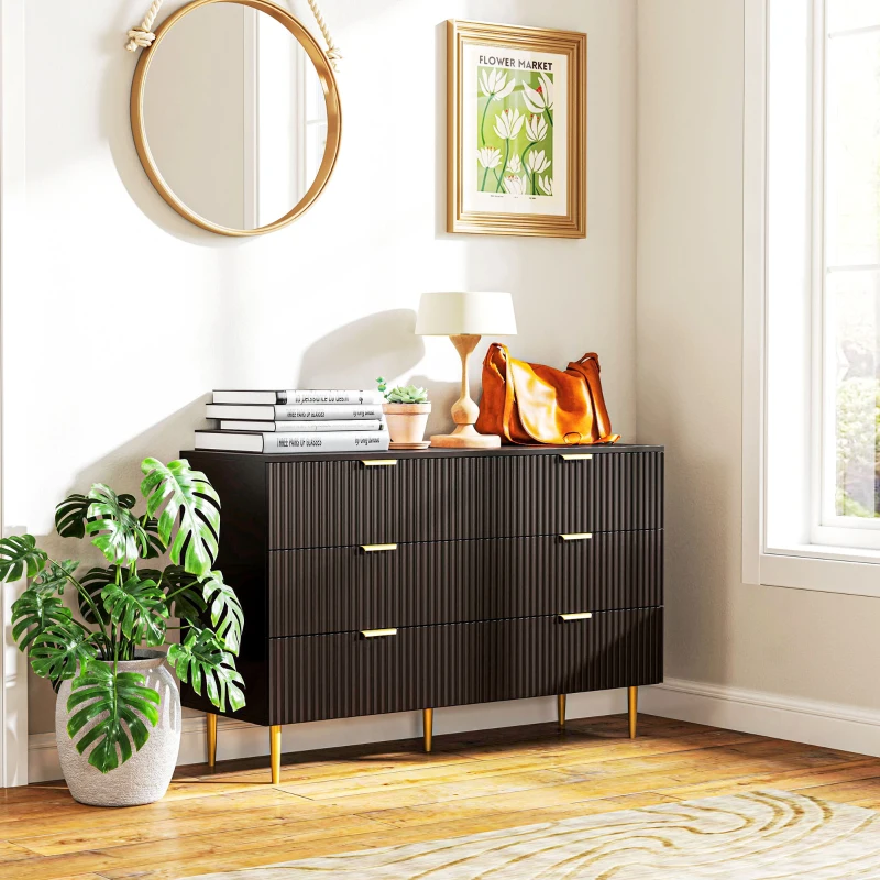HOMCOM Cassettiera 6 Cassetti Moderna con Maniglie Dorate, 120x40x76.5cm, Nero